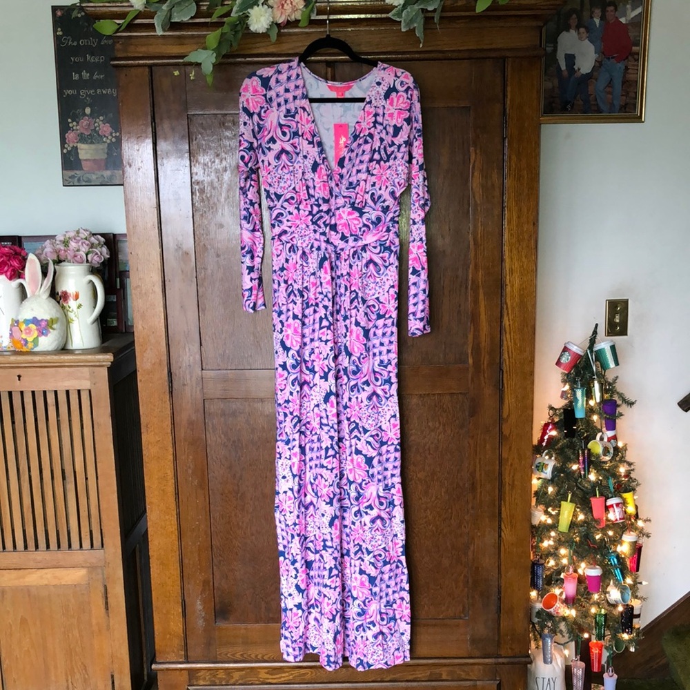 Lilly Pulitzer “I Love You Bunches” Pink and Navy Floral Maxi Dress